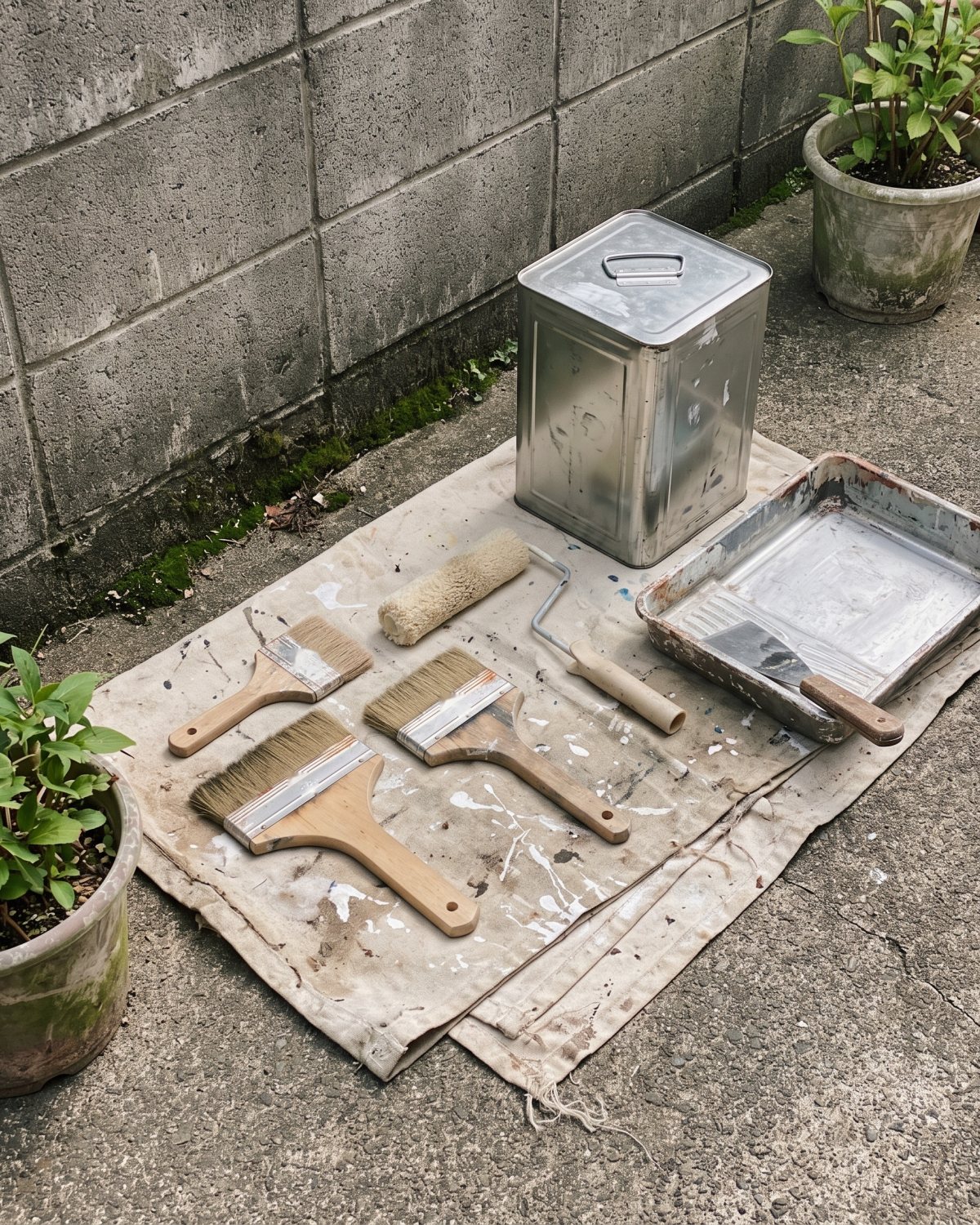 ブロック塀のそばに置いた、塗装の道具（イメージ）